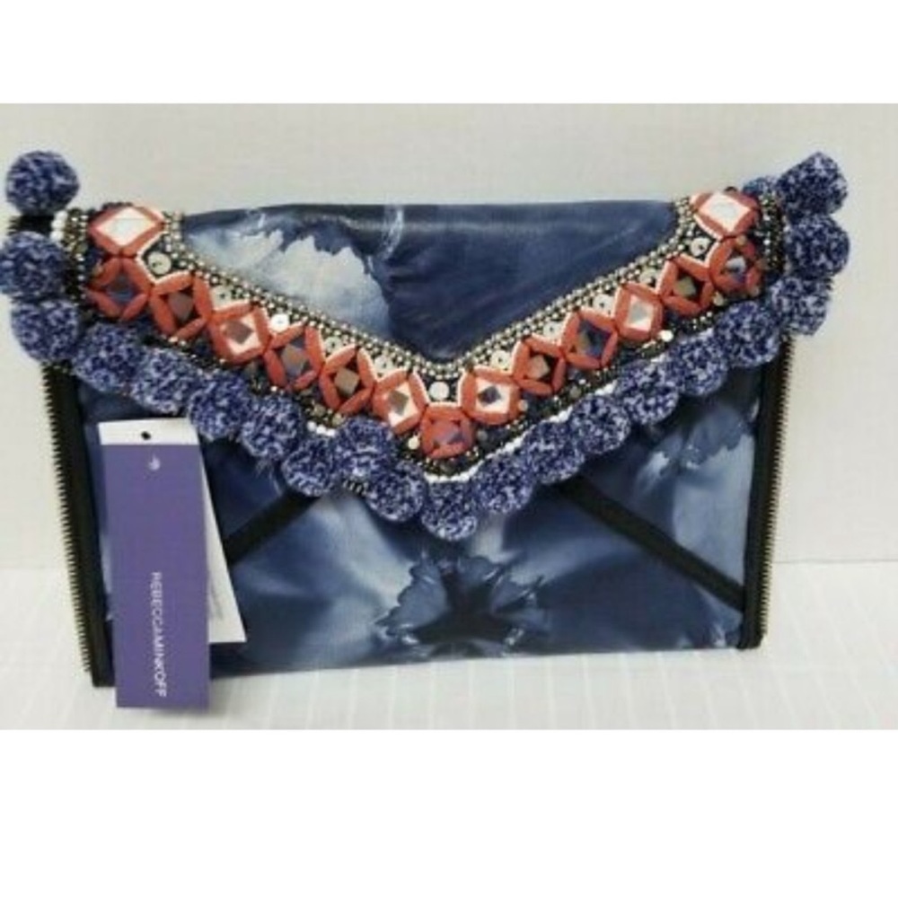 Rebecca Minkoff Dreamy Pom Leo Blue Leather Envelope Clutch-Tie Dye-Bohemian